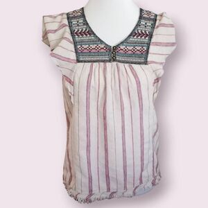 KNOX ROSE FLUTTER SLEEVE BOHO-INSPIRED TOP CREAM, RED, & BLUE SZ.XS GUC